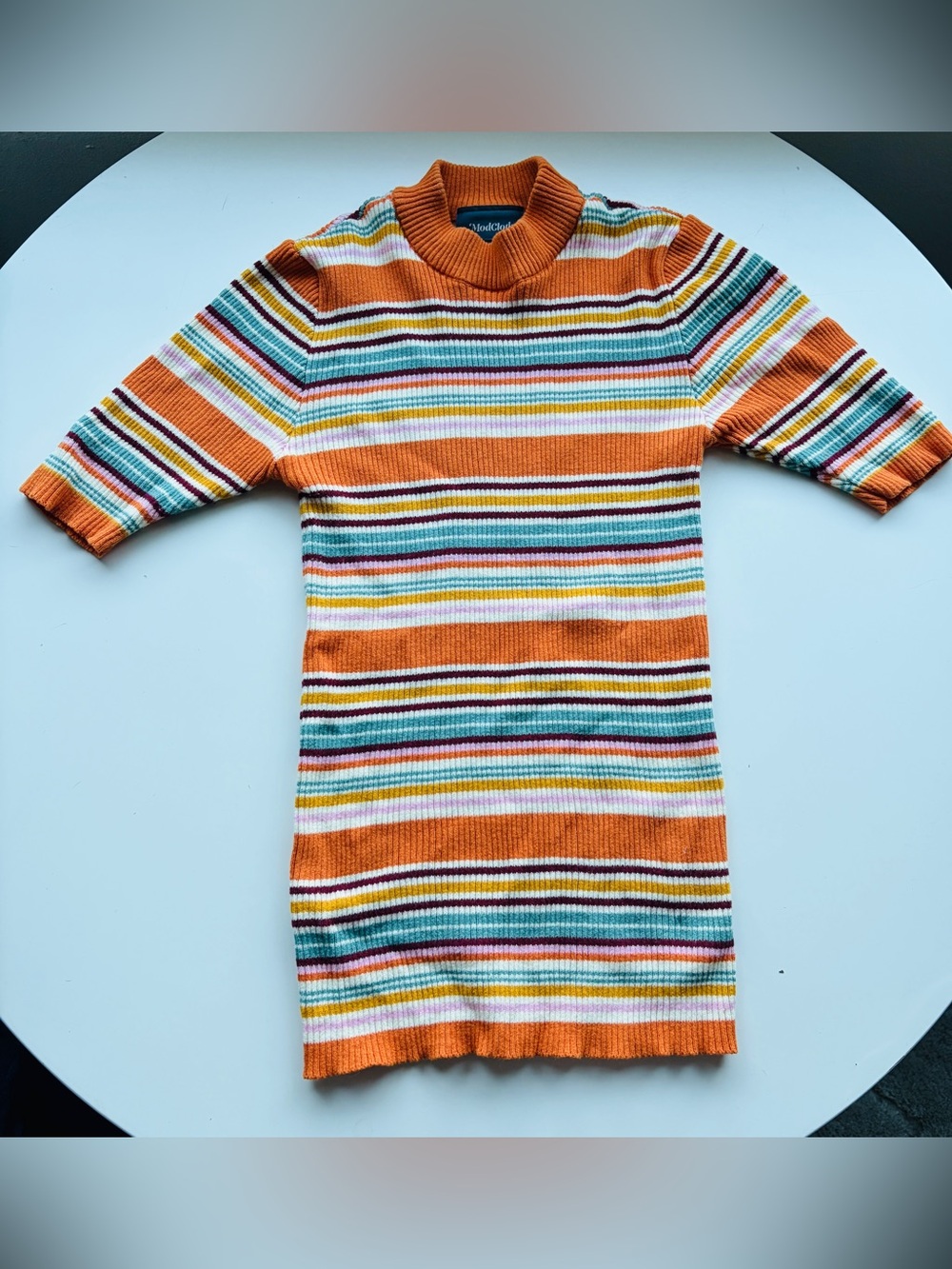 Modcloth Retro Orange Multi-Stripe Ribbed Knit Top! EUC!